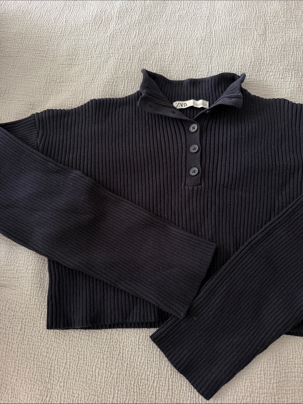 Zara Navy Ribbed Button-Front Cropped Pullover - Picture 4 of 5